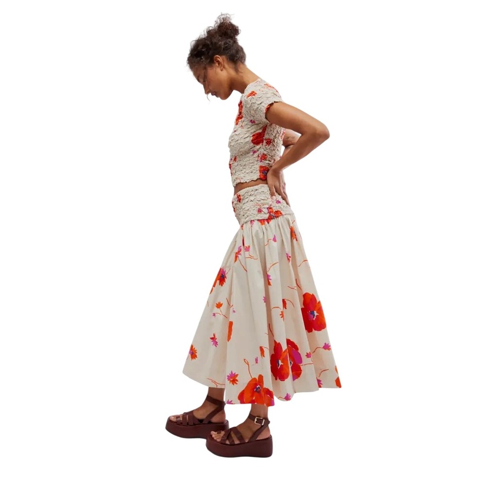 Free People Pop-Pop Poppy Two Piece Set Popcorn Crop Top Midi Skirt Floral XS